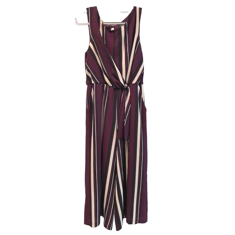 As You Wish Womens Striped Wide Leg Jumpsuit‎ Burgundy Cream Sleeveless Size M